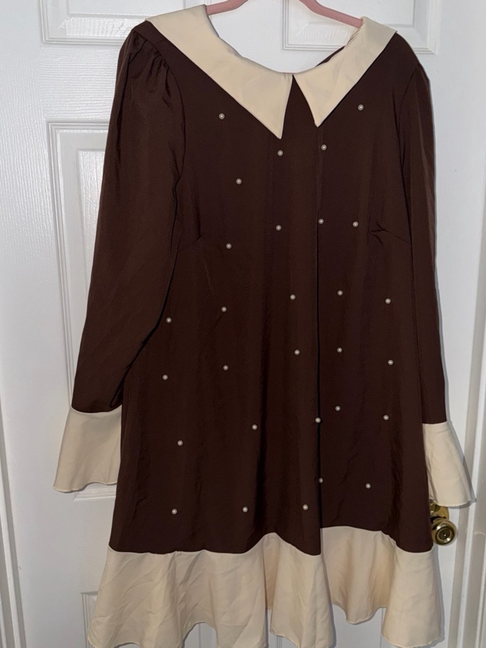 Classic Two-Tone Brown and Cream Long-Sleeve Dress